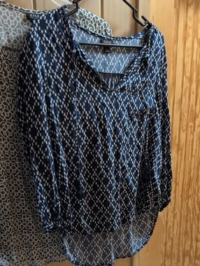 a.n.a Navy and White Geometric V-Neck Blouse
